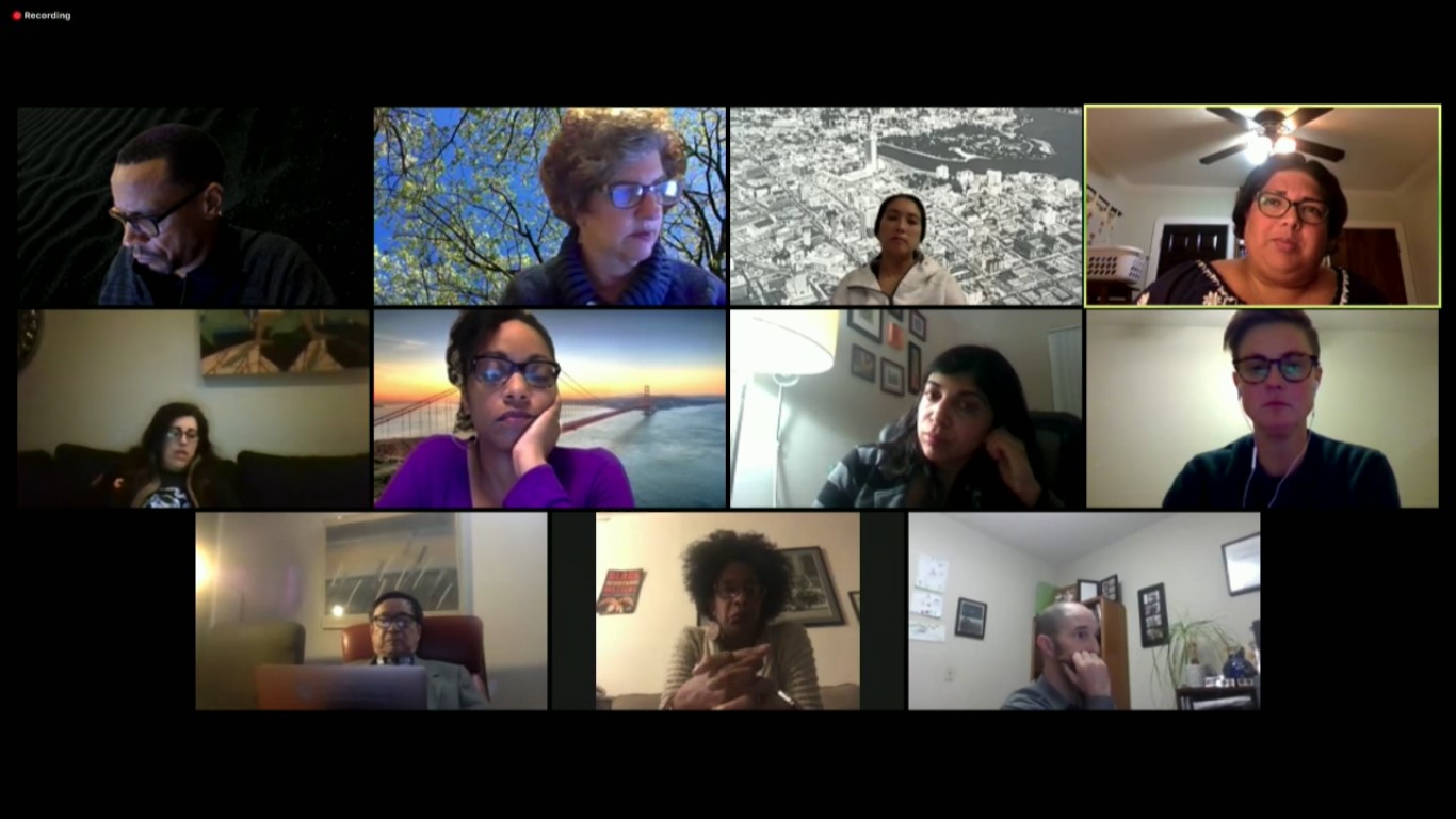 A diverse image with faces. They are in a Zoom or virtual web meeting to talk about the school district.