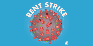 image of coronavirus molecule with words "rent strike"