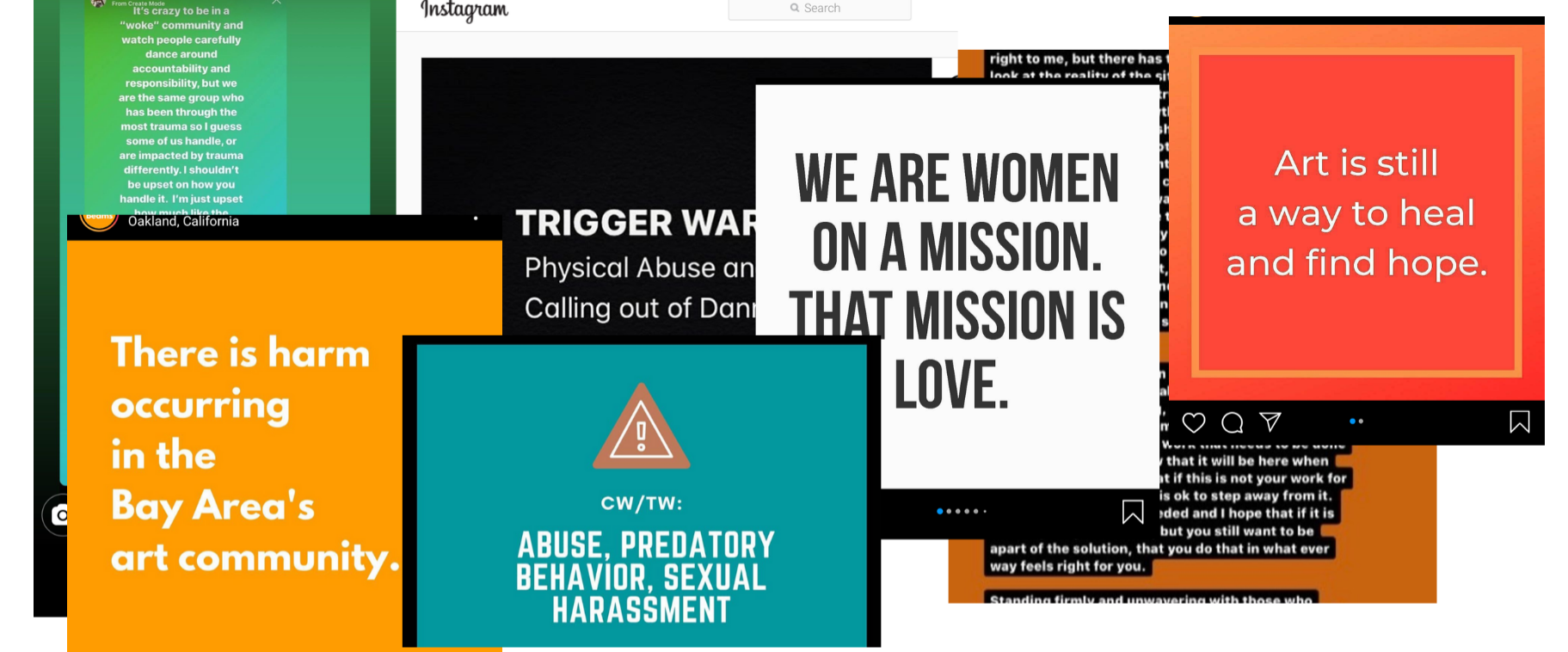 An image of screenshots from Instagram regarding sexual harassment and inappropriate behavior from an Oakland poet and leader.