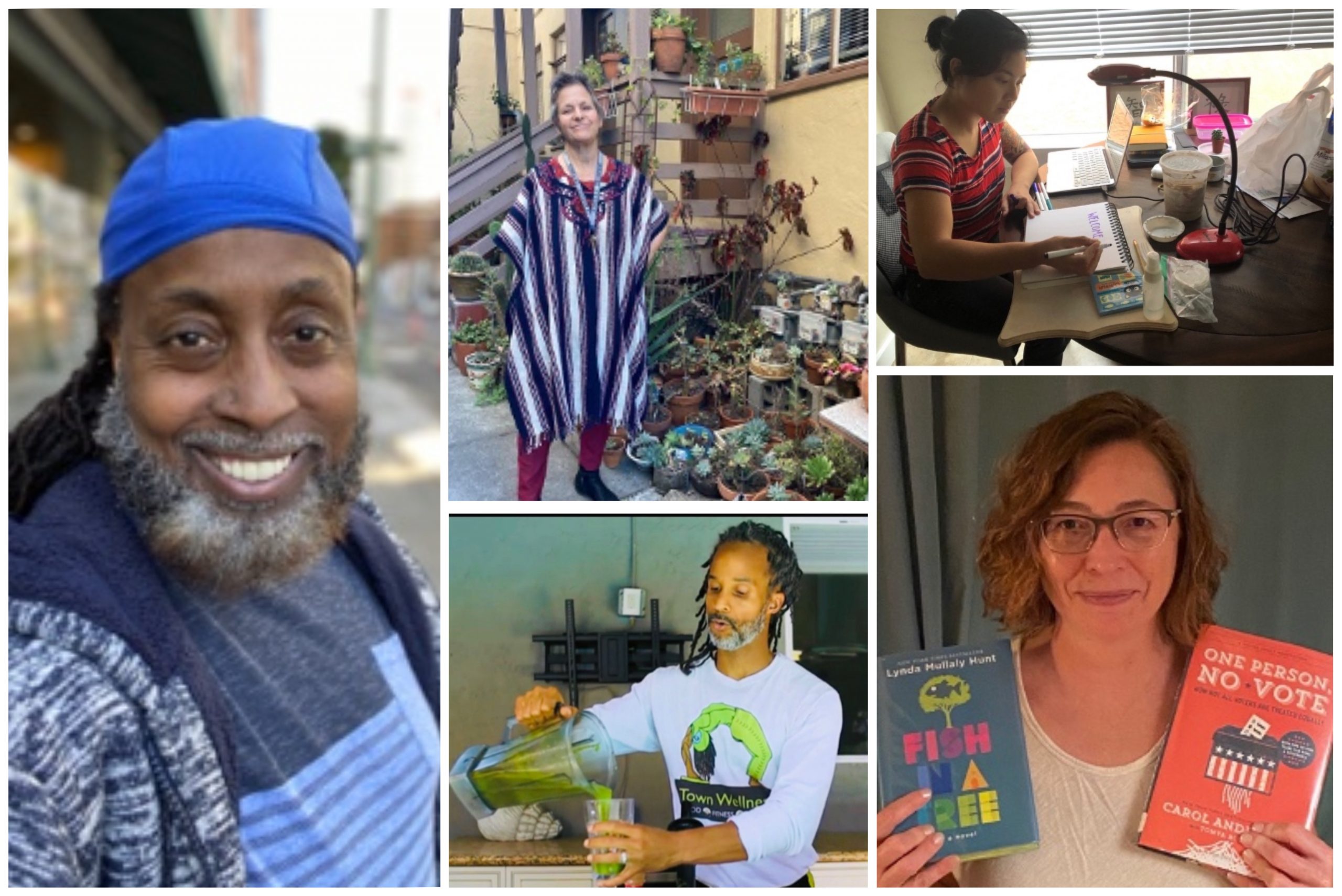 A collage of five different teacher's selfies and photos of them at work.