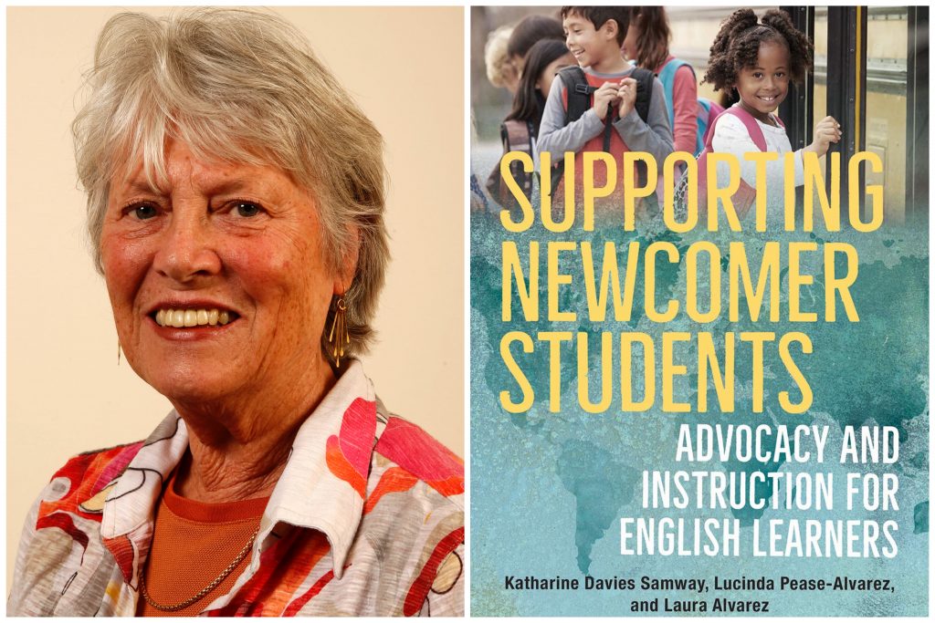 A headshot of a woman next to an image of a book cover. The cover says "Supporting Newcomer Students."