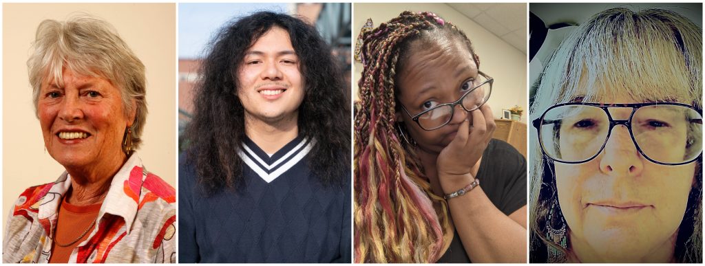 A collage of four faces, some of the Oakland Voices alumni members and correspondents.