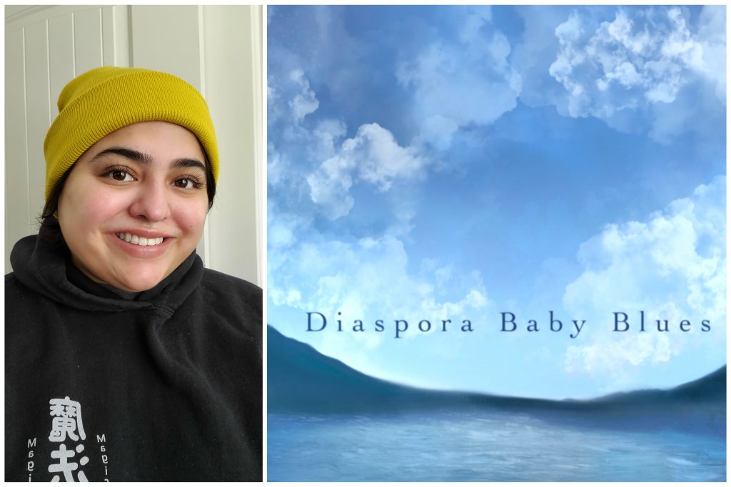 A young Guatemalan American woman smiles for camera wearing a yellowfins beanie; next to her is an image of baby blue cloudy skies with words "Diaspora Baby Blues" in small font.