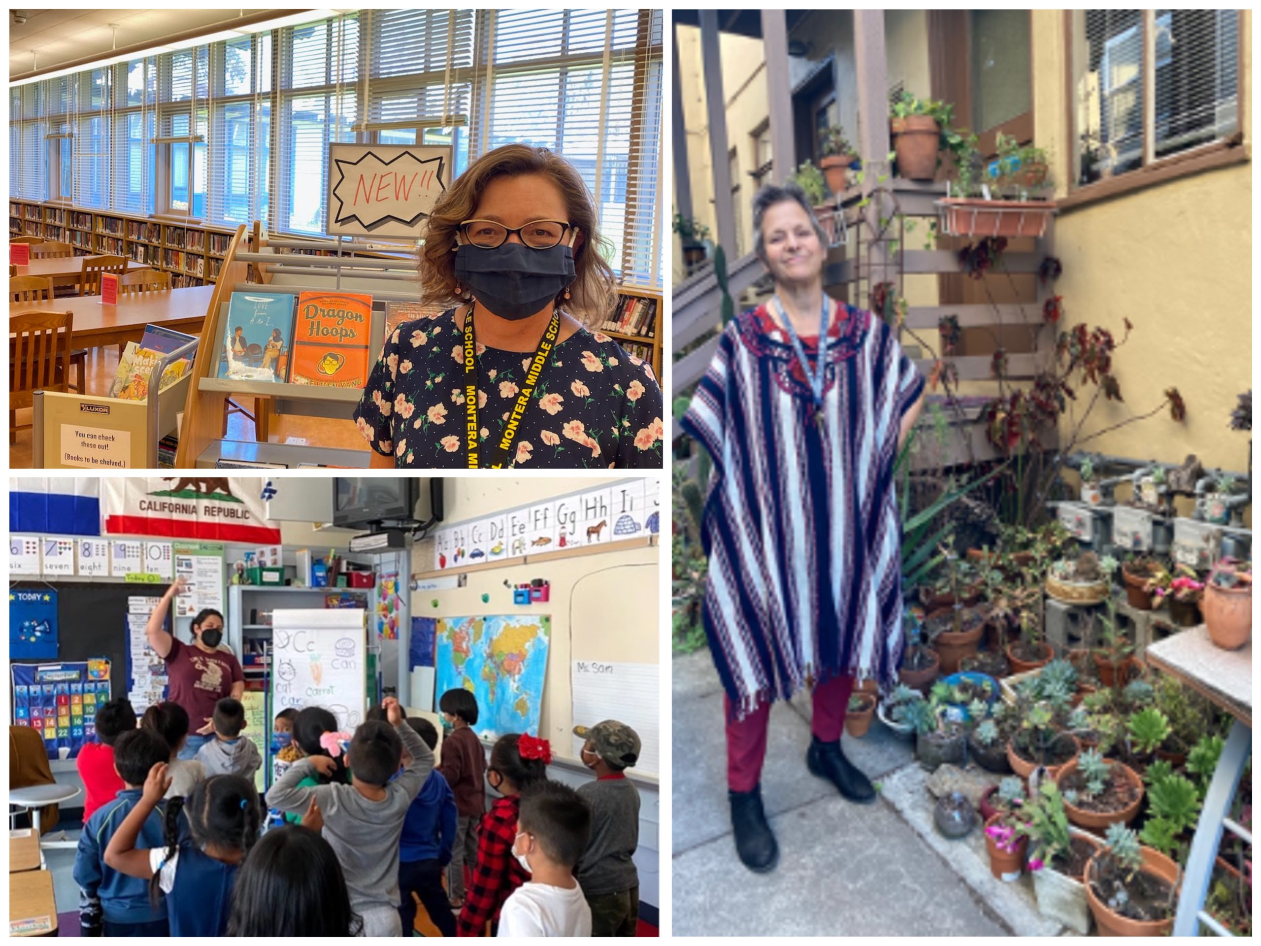A collage image of three Oakland teachers in their classrooms or outside