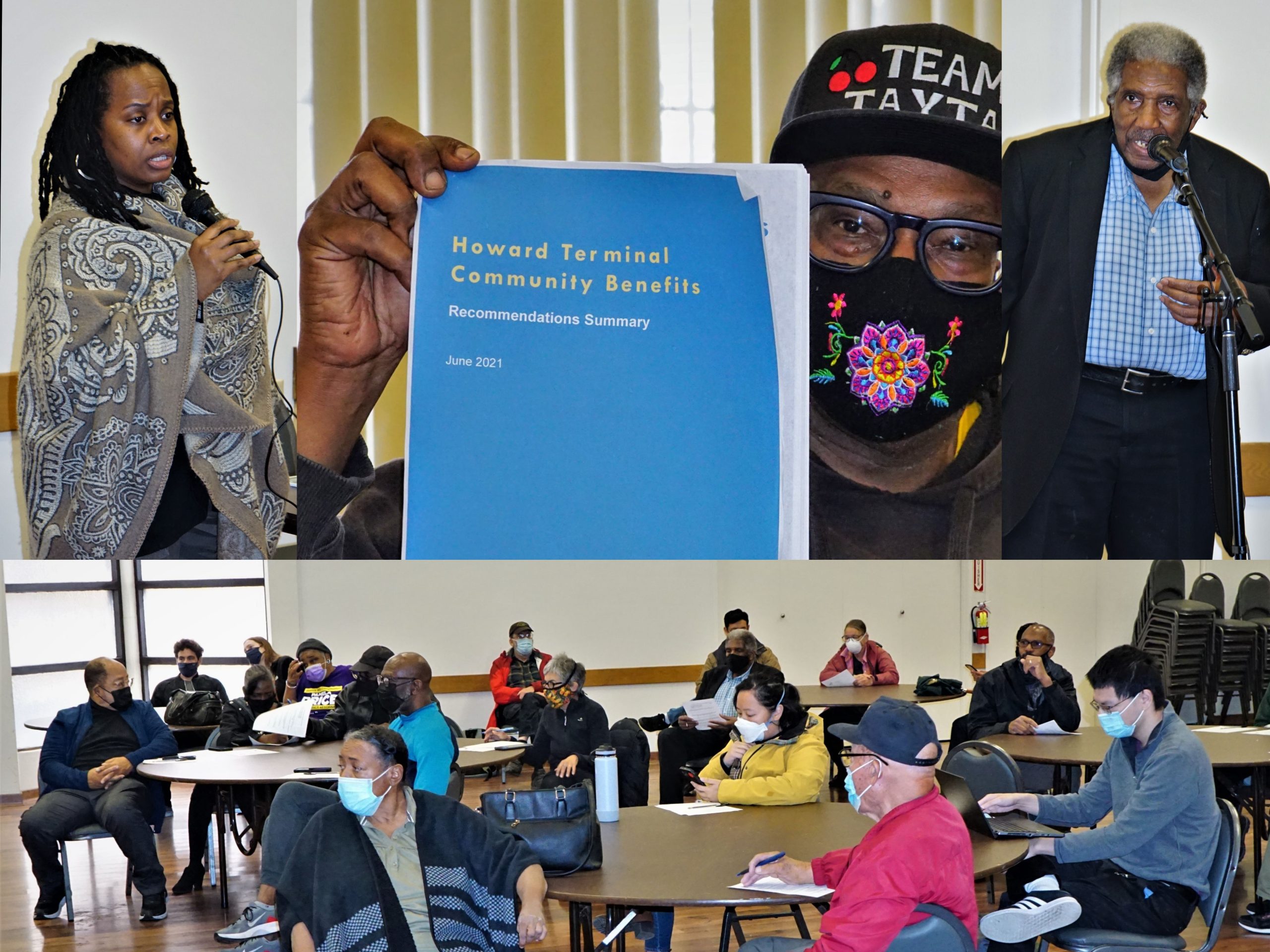 a collage image showing people at a public meeting around the Howard Terminal plans