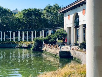 image of columns next to greenish lake and some trees