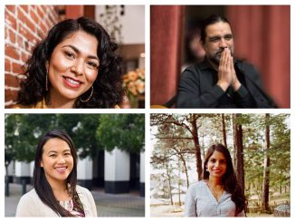 A collage of four diverse people, mostly Latinx