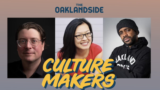 A triptych of three headshots of diverse panelists with the words "Culture Makers" in large yellow bubble letters
