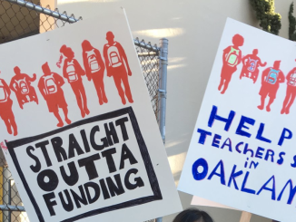 images of handmade posters stating "straight outta funding" and "help oakland teachers stay in oakland"