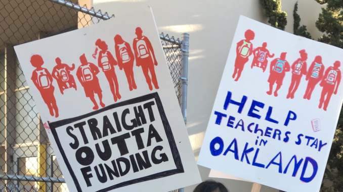 images of handmade posters stating "straight outta funding" and "help oakland teachers stay in oakland"
