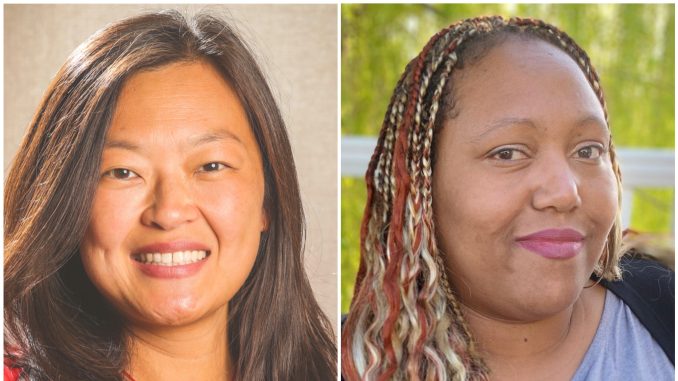An Asian American woman smiles at camera, in a collage photo with an African American woman