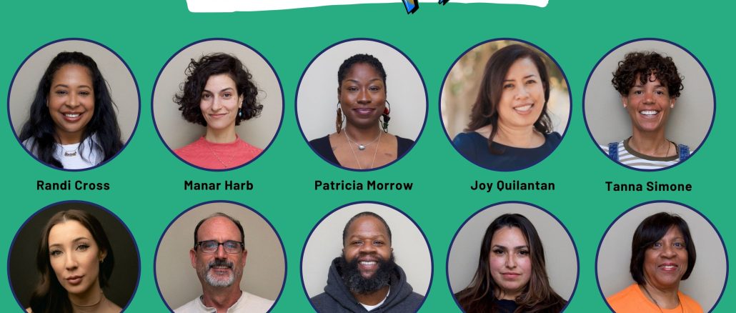a banner with 10 peoples' headshots in circles with a green and navy blue background and the words "Oakland Voices" at the top