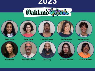 a banner with 10 peoples' headshots in circles with a green and navy blue background and the words "Oakland Voices" at the top