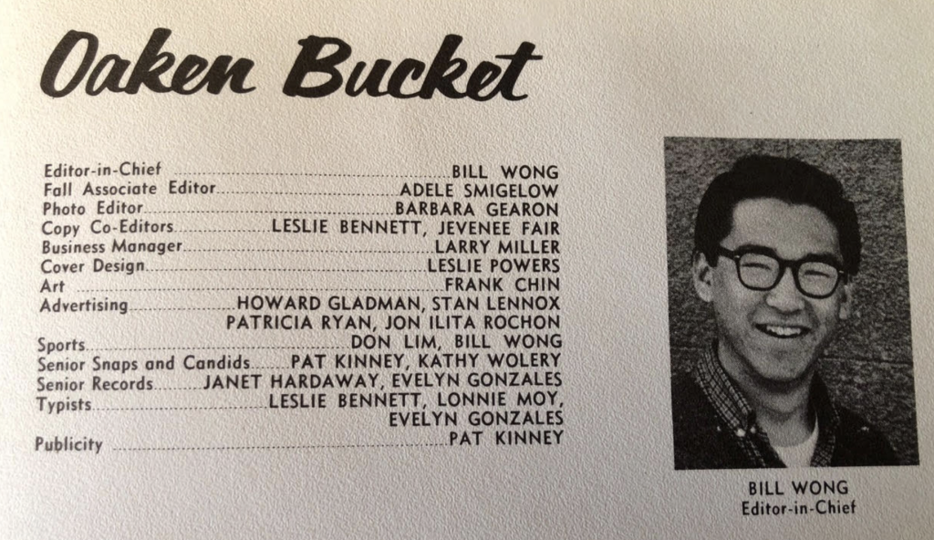 A masthead listing names including Bill Wong with a photo of a Chinese American teen wearing glasses (high school student)