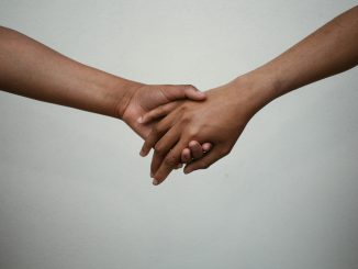two brown hands holding hands with white background