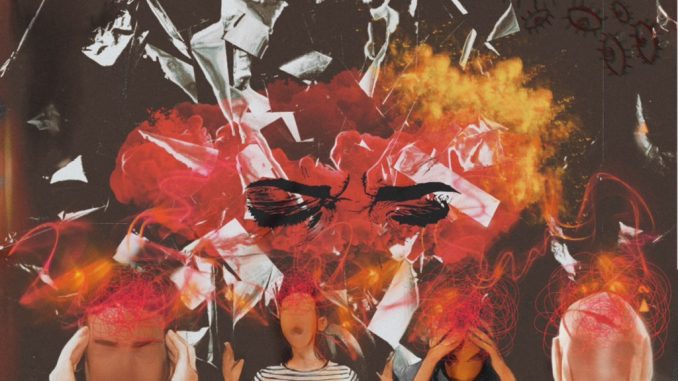 A collage image of people holding their temples, an in the middle, closed eyes of a woman to depict depression and stress