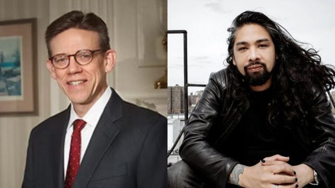 images of two men. one with a suit and tie. another with a black leather jacket